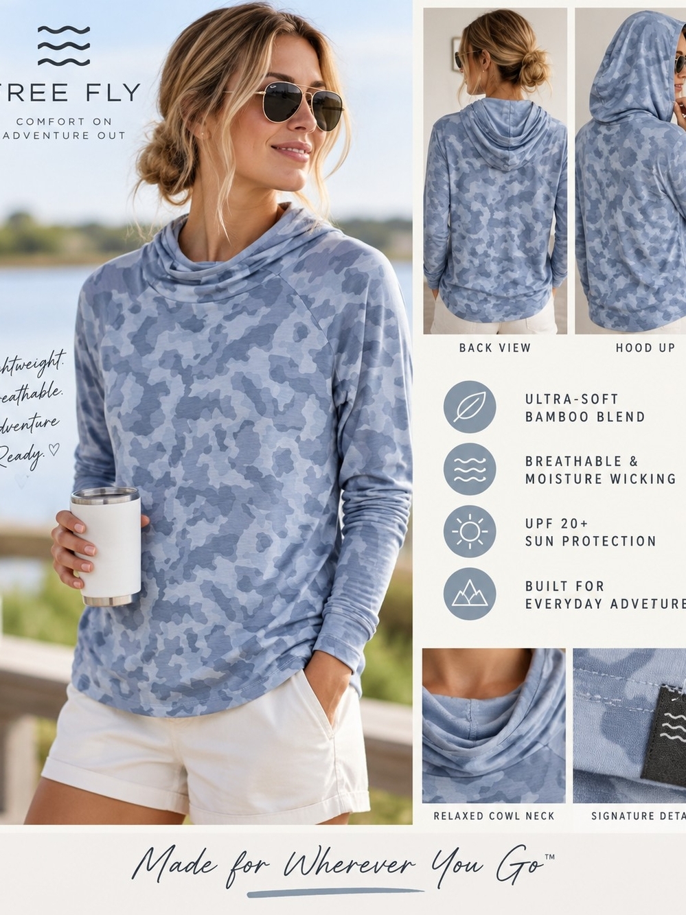 Free Fly Blue Camo Bamboo Hoodie Long Sleeve Top – Size Small